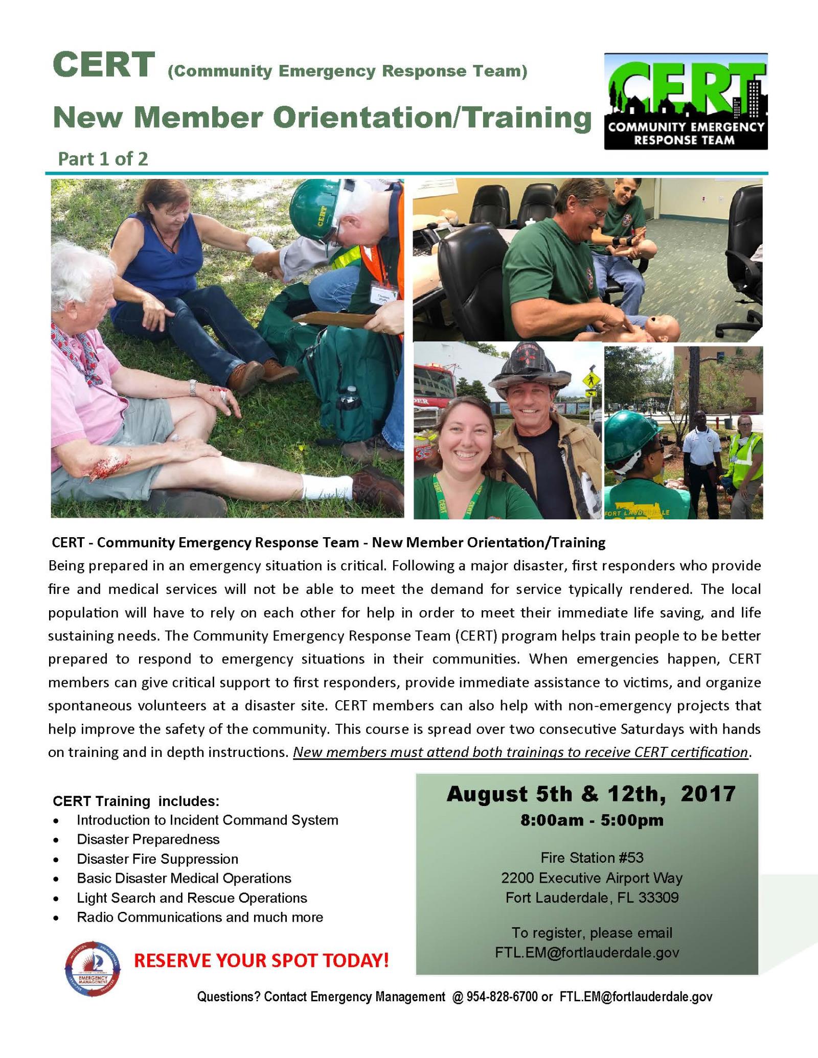 New CERT Orientation Aug 5th-12th