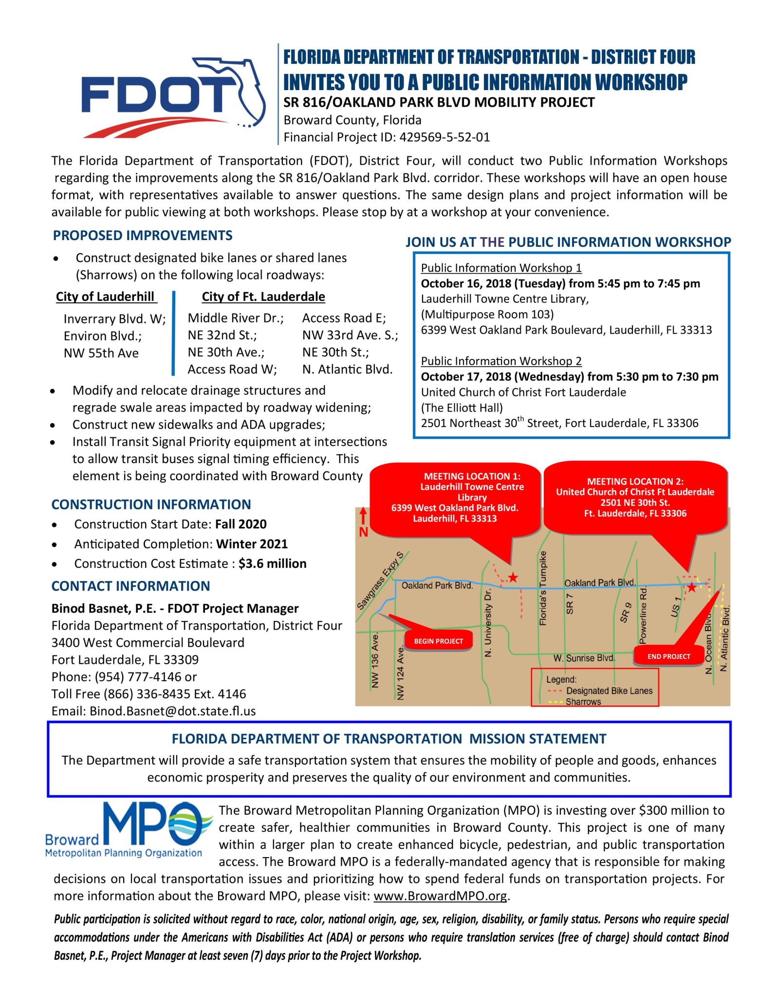 FDOT: Oakland Park Blvd Mobility Project Public Information Workshop